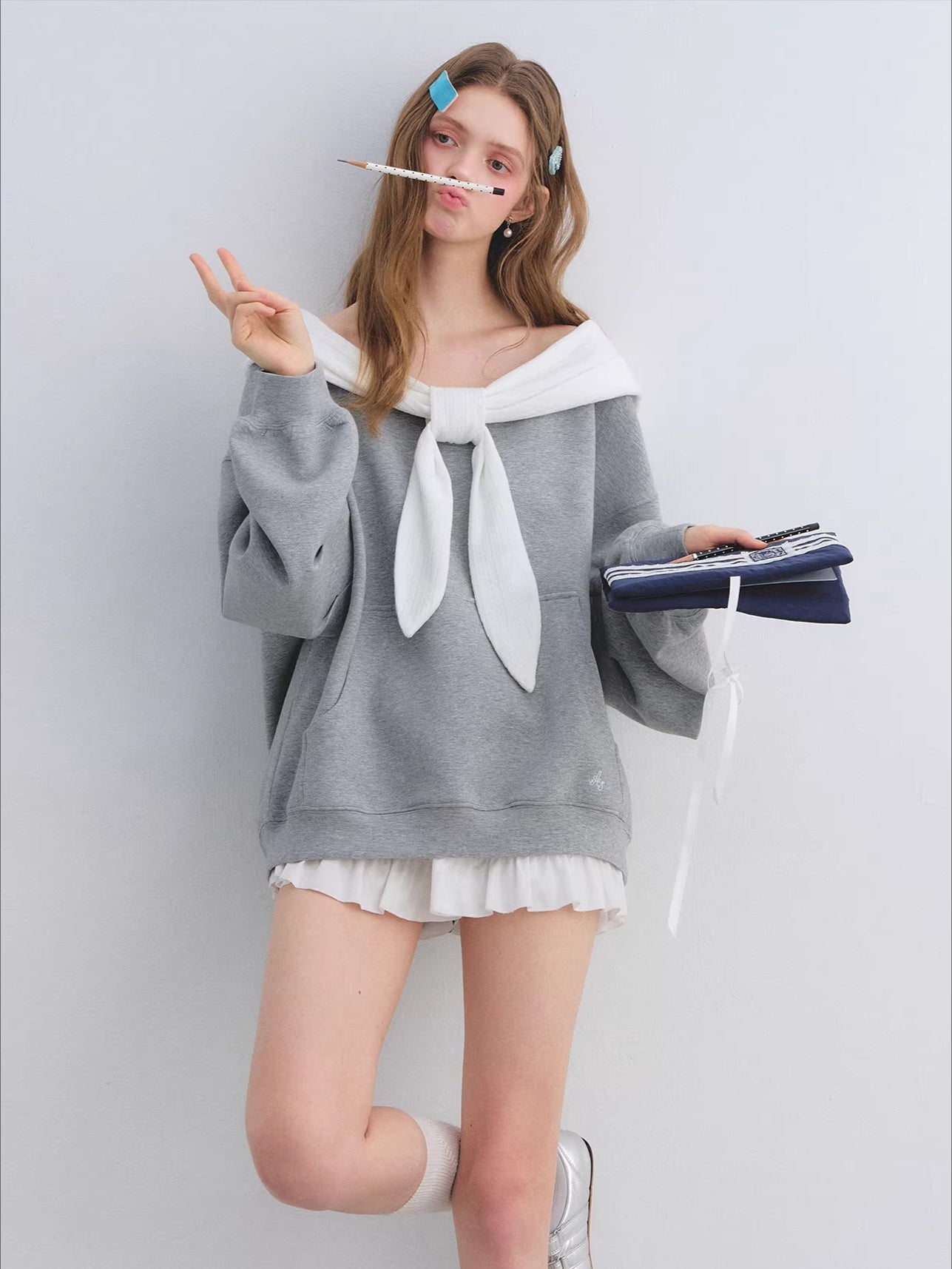 Rabbit-Ear Bow Off-Shoulder Hooded Sweatshirt