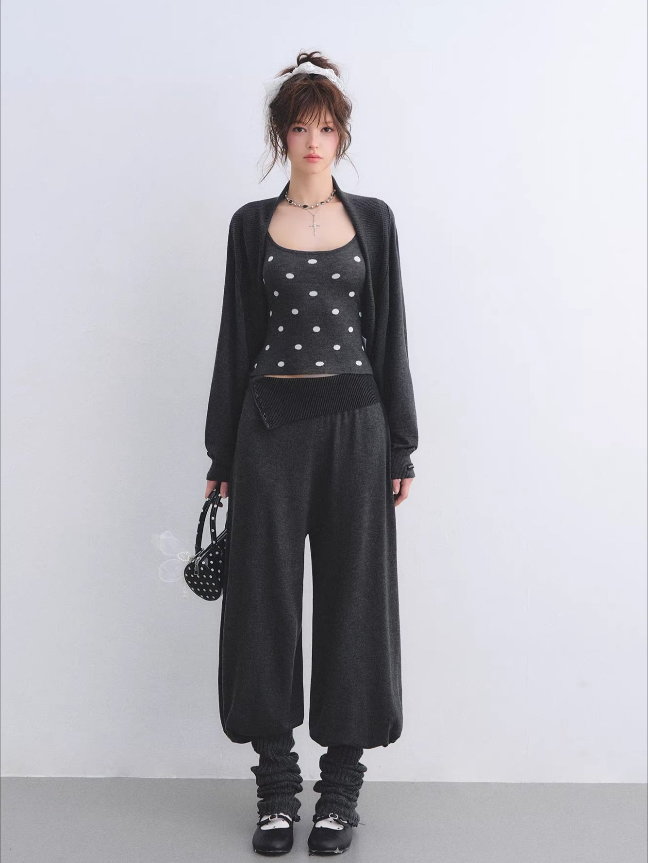 Contrast Polka Dot Cardigan & Cami Set