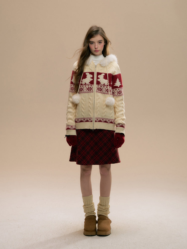 (Final Sale) Vintage Red Plaid Wool Christmas Pleated Skirt - CHINASQUAD