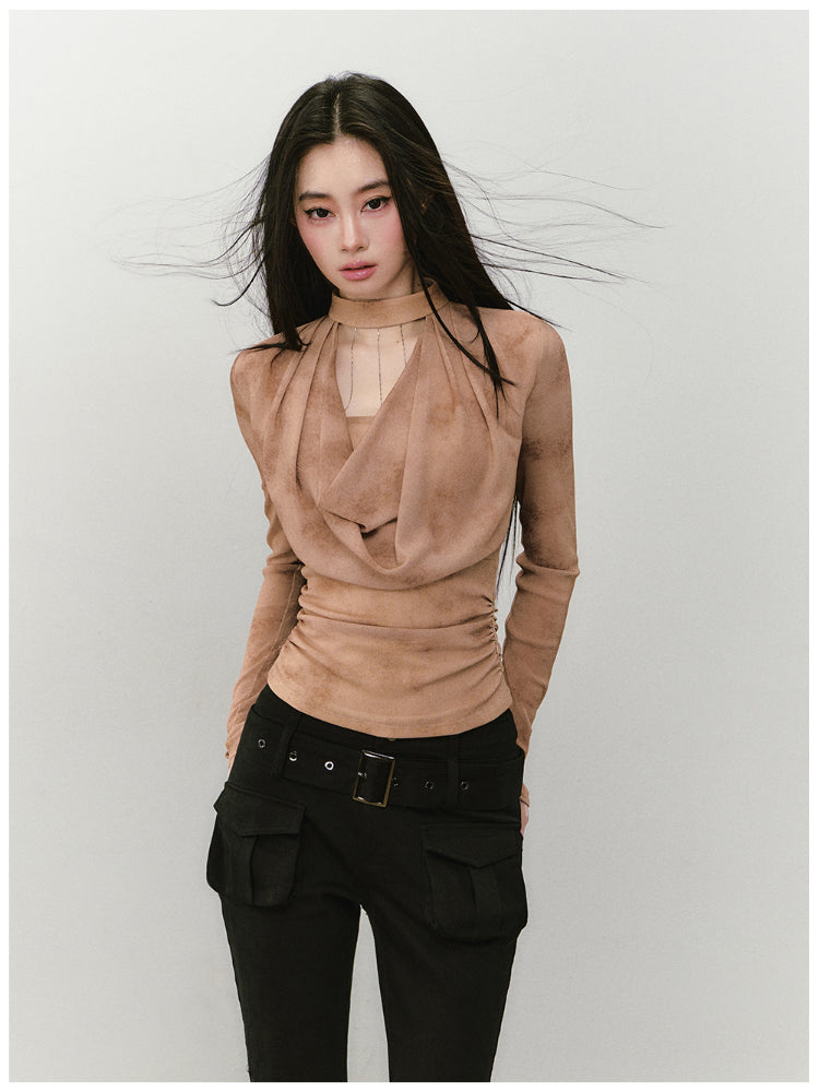 Chain Halter Draped Neck Fitted T-shirt - CHINASQUAD