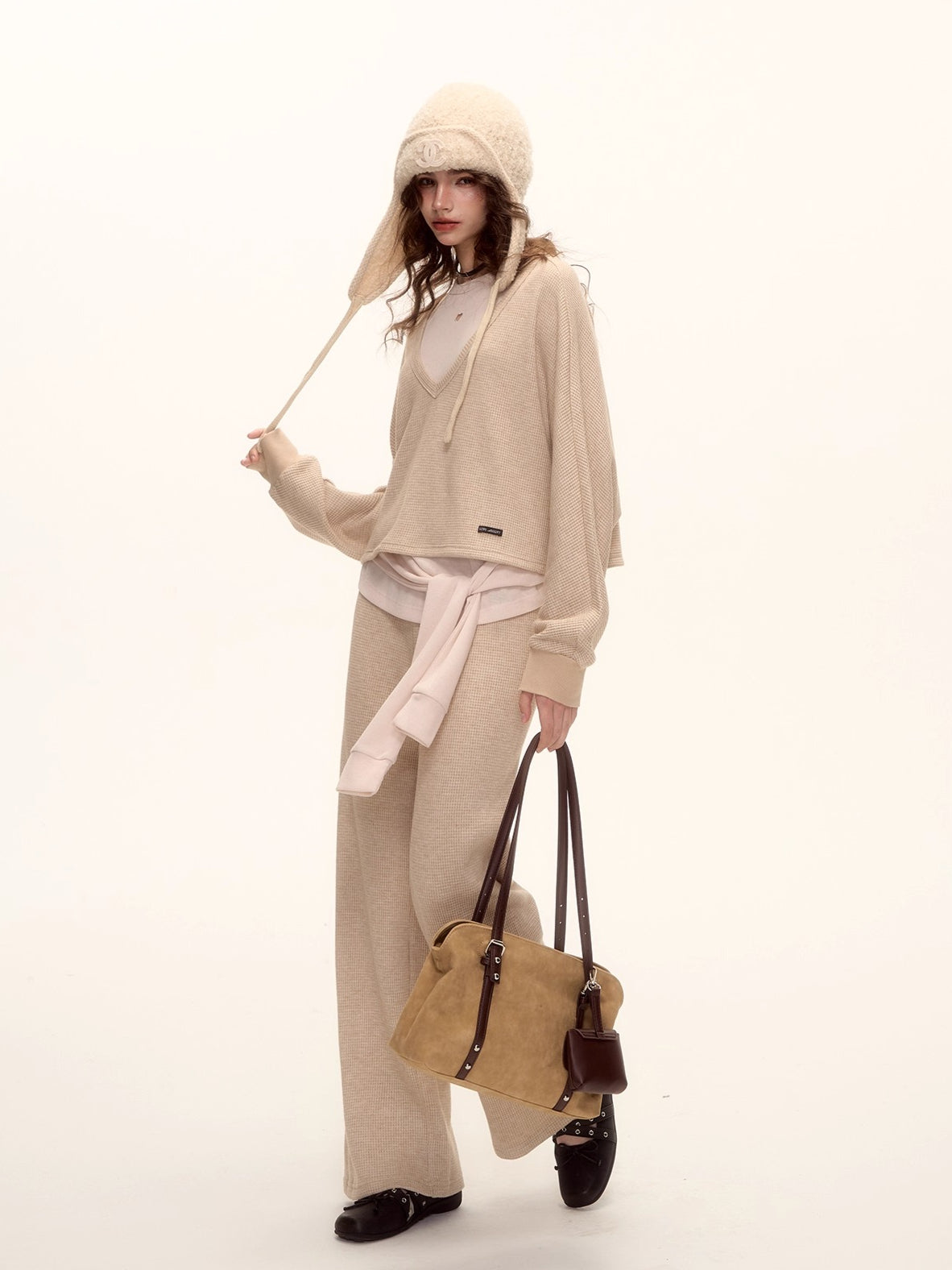 Waffle Knit V-Neck Pullover & Tank Top & Wide-Leg Pants Set