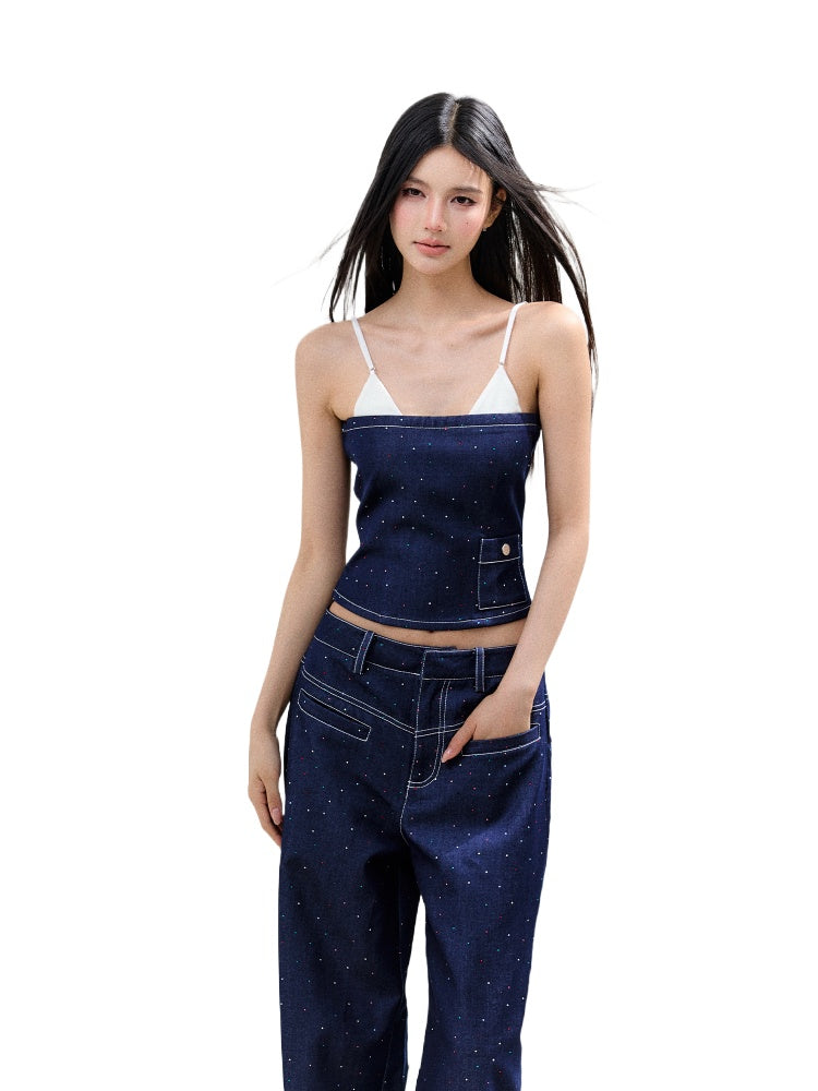 Fake Two-Piece Rhinestone Halter Top & Pant Set - CHINASQUAD