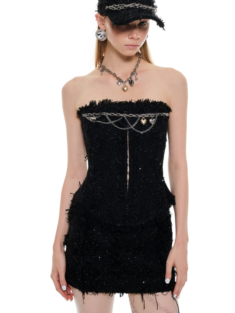 Black Tweed Mid-Low Waist Pencil Skirt - CHINASQUAD