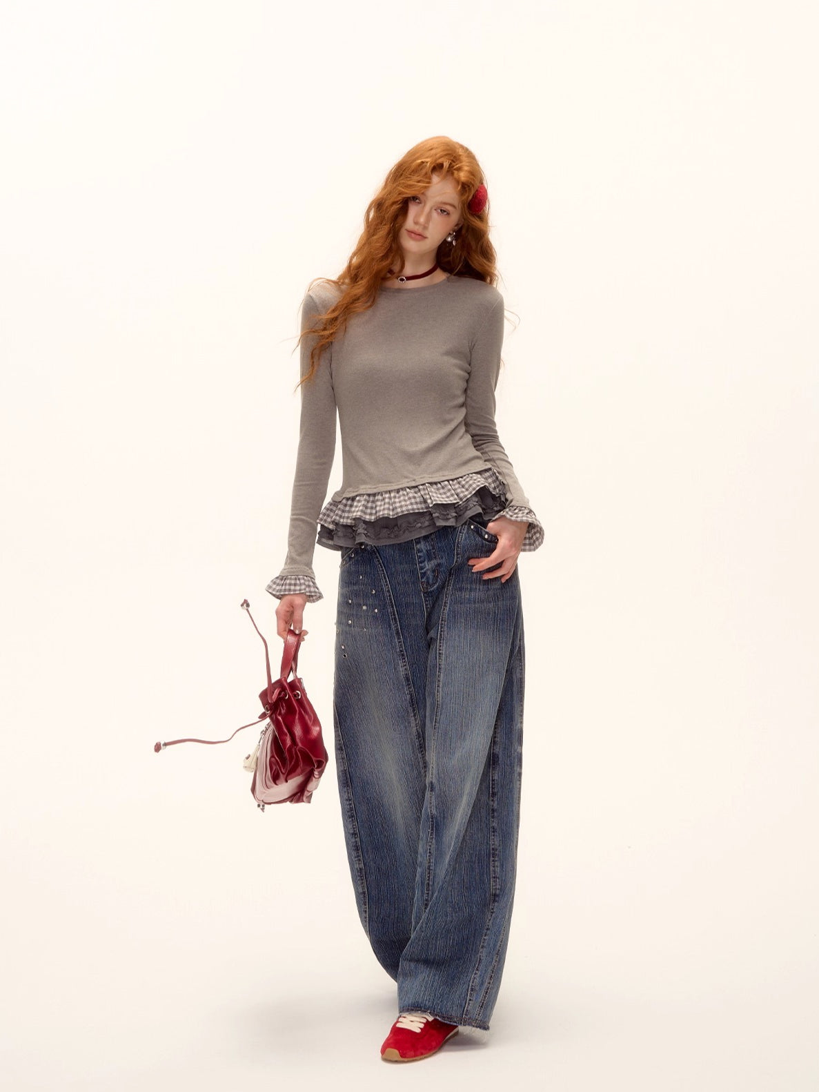 Tencel Wool Plaid Patchwork T-Shirt