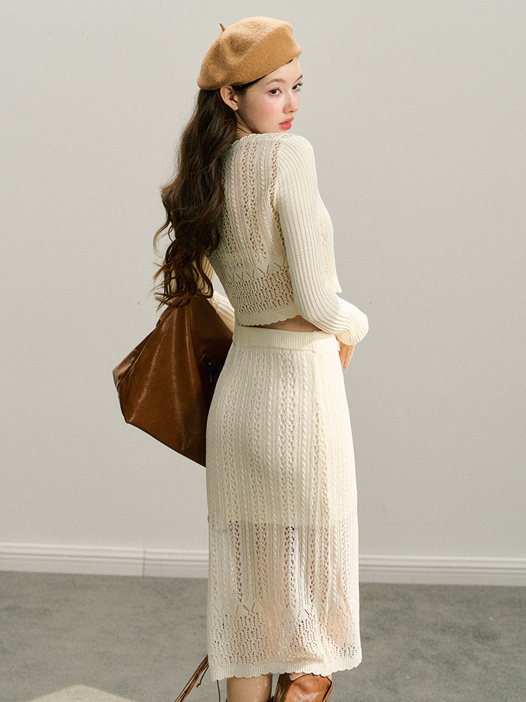 Beige Knitted Lightweight Midi Skirt - CHINASQUAD