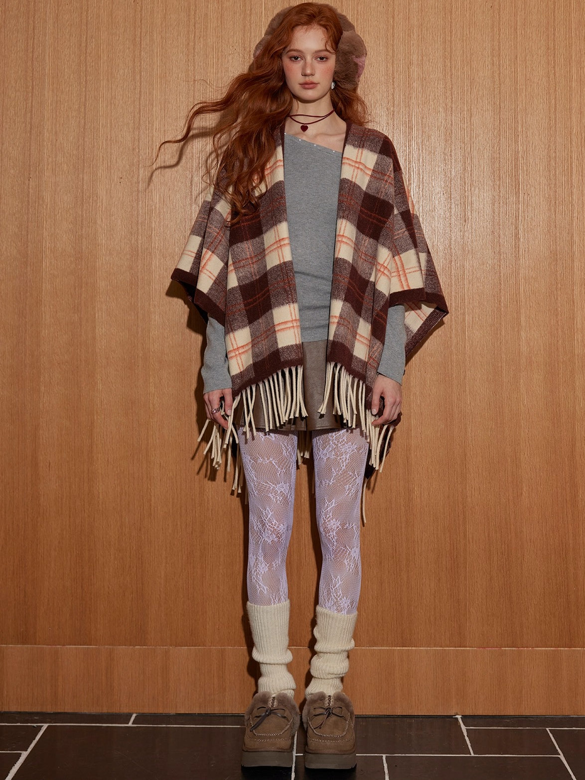 Vintage Plaid Fringe Shawl Scarf