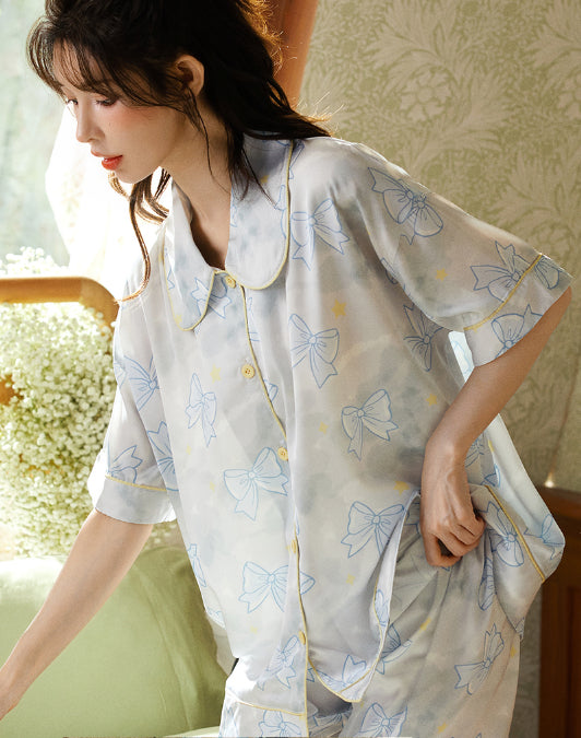 Blue Ice Silk Sleepwear Cardigan Set - CHINASQUAD