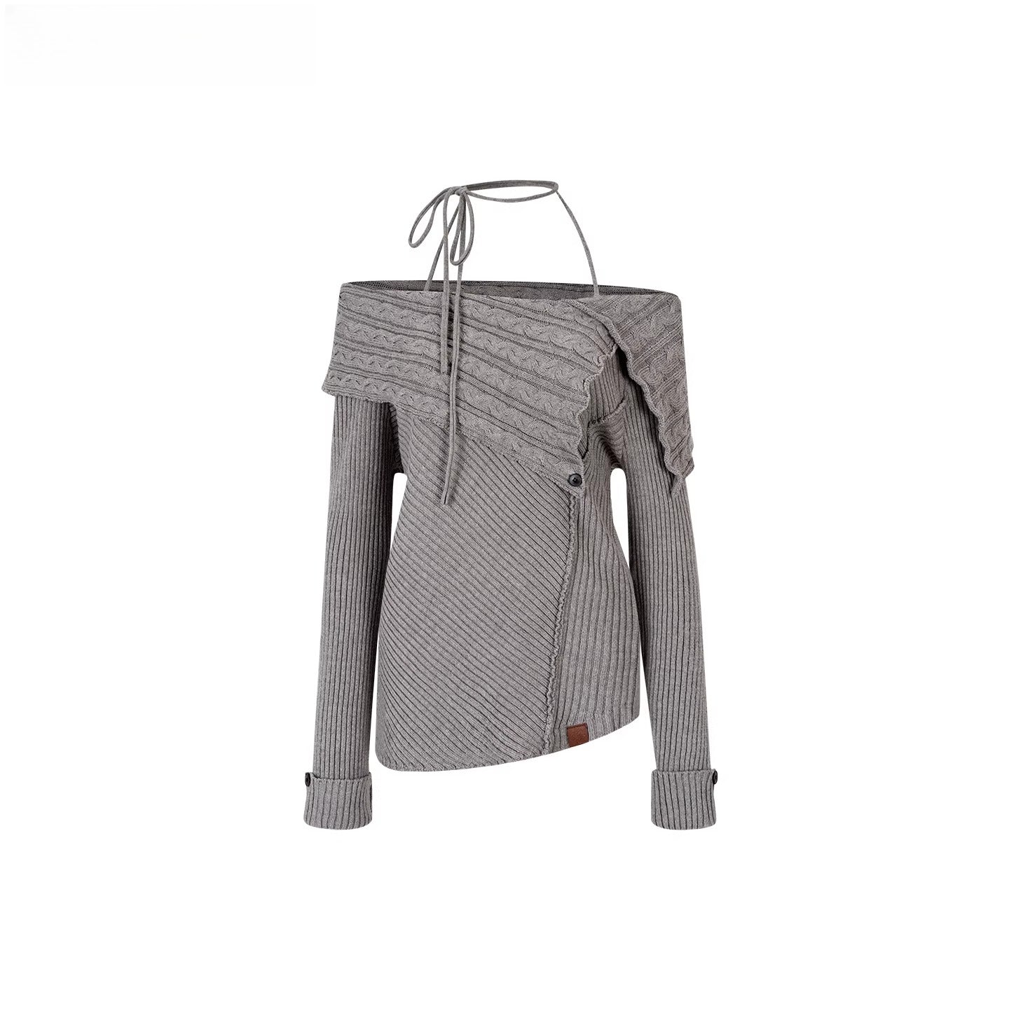 Off-Shoulder Halter Neck Cable Knit Sweater - CHINASQUAD