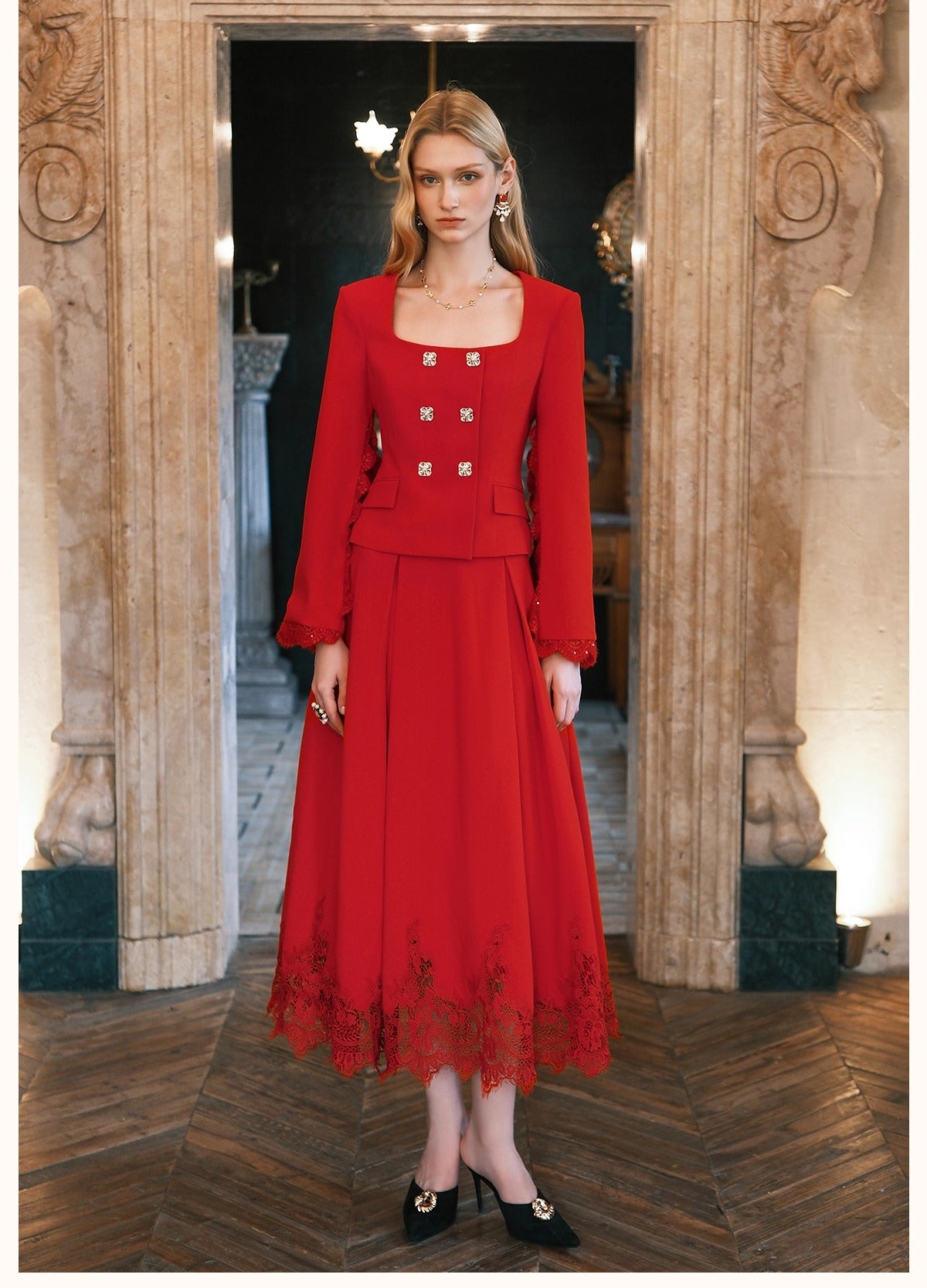 Mirage Vintage Lace-Collar Blazer & Flared Skirt Set - CHINASQUAD