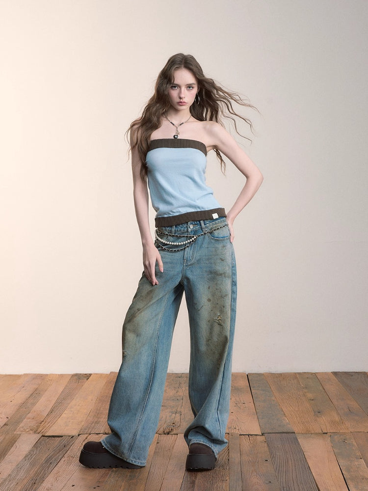 Contrast Knit Slim Wool Tube Top - CHINASQUAD