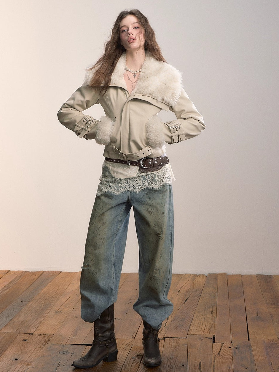 Oversized Fur Collar Short Jacket - CHINASQUAD