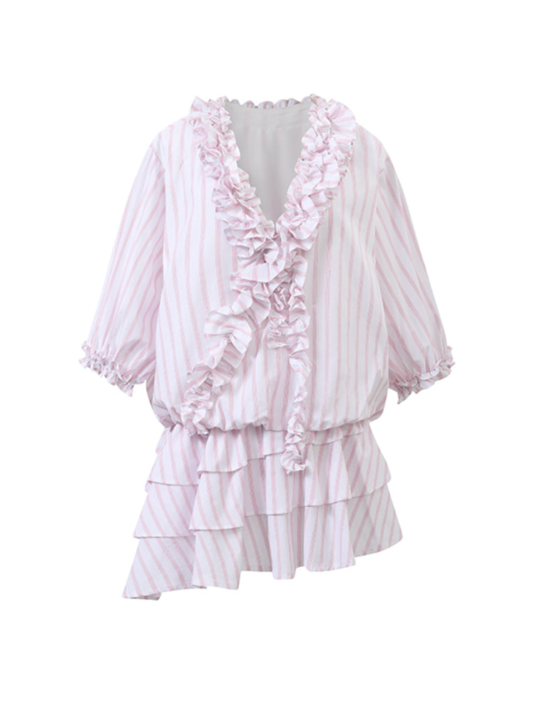 Pink Striped Relaxed Ruffle Dress - CHINASQUAD