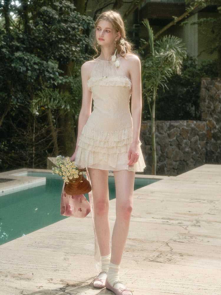 Light White Lace Halter Neck Slip Short Dress - CHINASQUAD