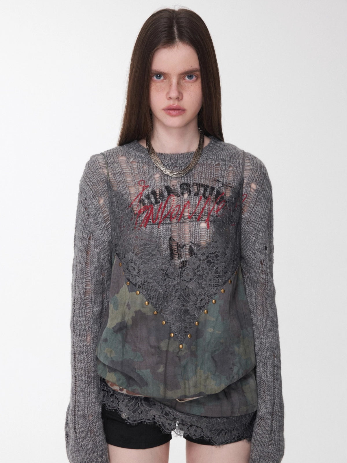 Camouflage V-Neck Lace-Trim Rhinestone Camisole - CHINASQUAD