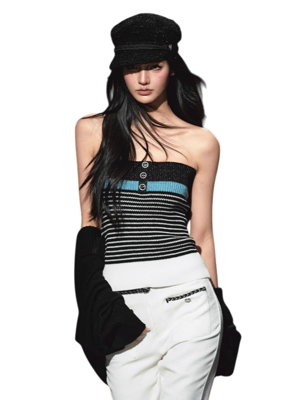 Colorblock Bustier Top & Relaxed Wool-Blend Knit Cardigan Set