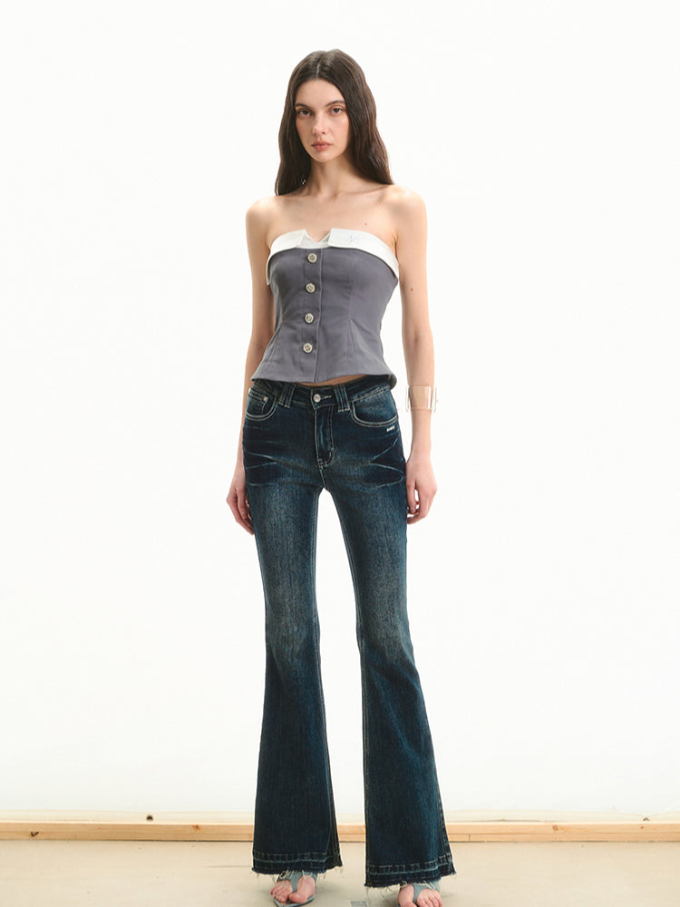 Fake Two-Piece Color Block Mermaid Strapless Top - CHINASQUAD