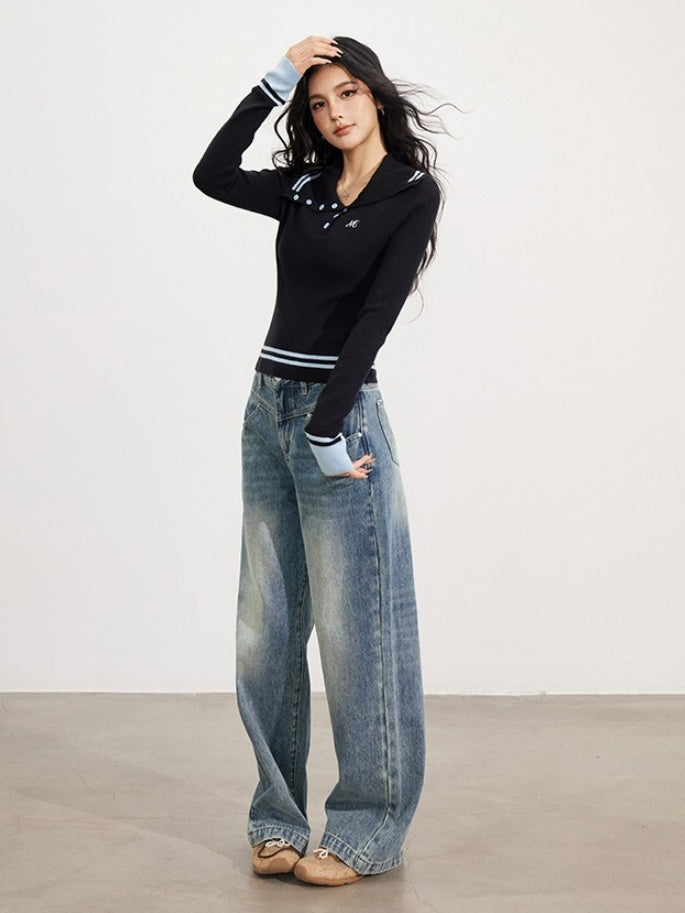 Sailor Collar Colorblock Knit V-neck - CHINASQUAD