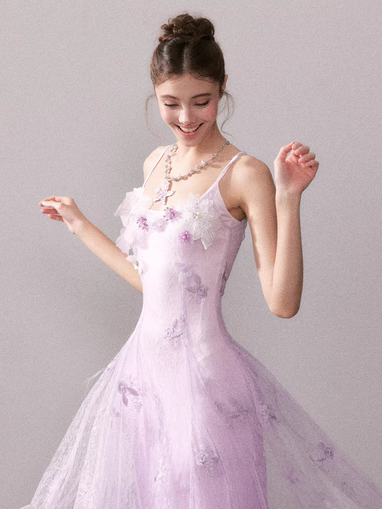 Light Purple Gradient Embroidered Bud Lace Long Dress - CHINASQUAD