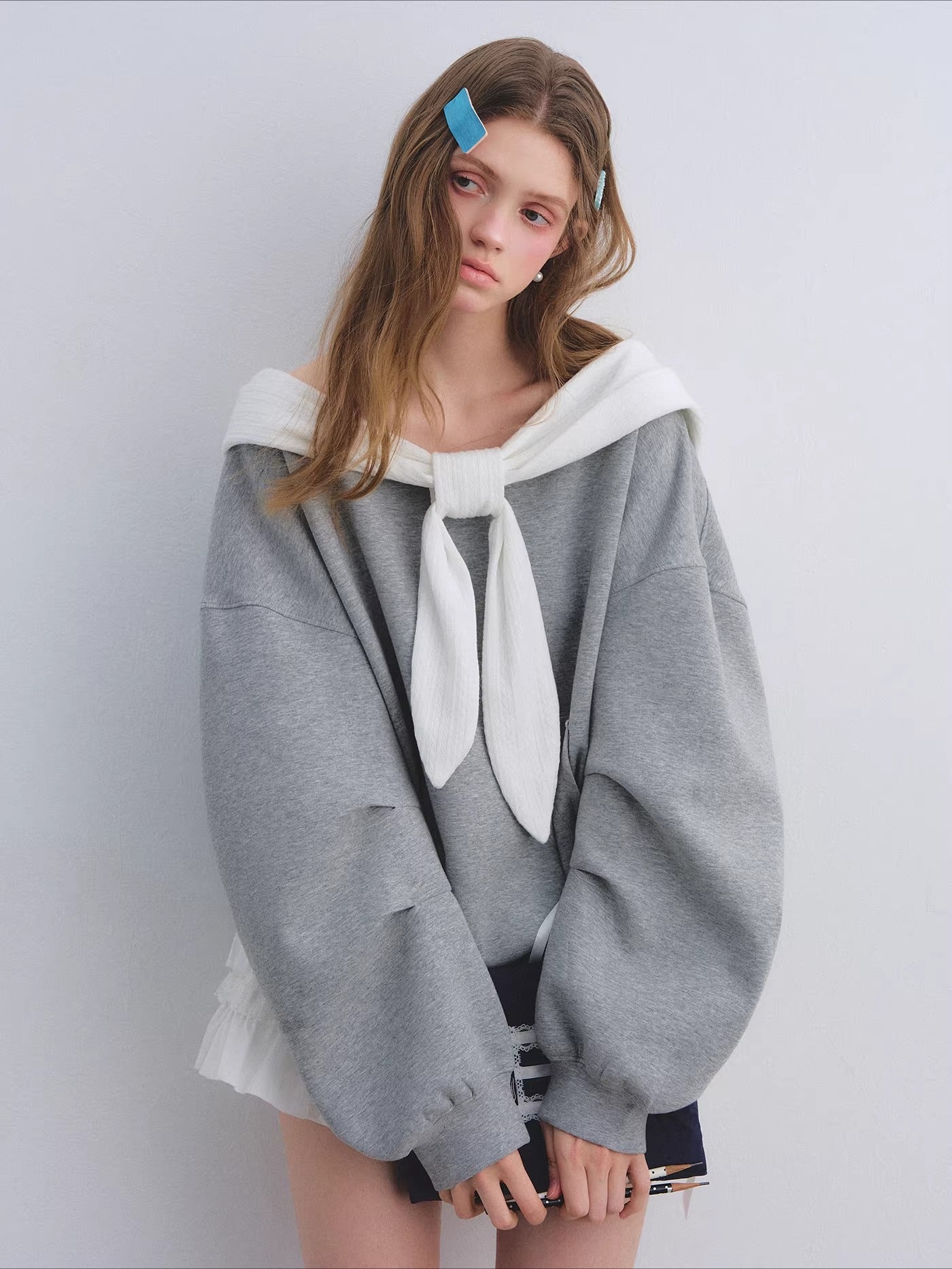 Rabbit-Ear Bow Off-Shoulder Hooded Sweatshirt