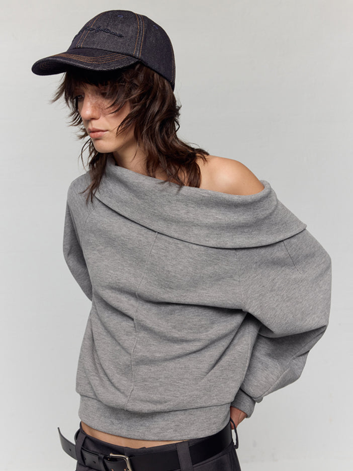 Grey Asymmetric Off-Shoulder Loose Sweatshirt - CHINASQUAD