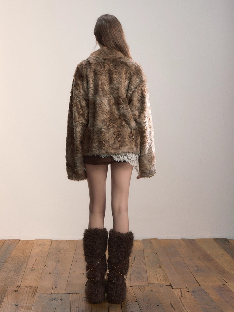 Textured Faux Fur Oversized Lapel Jacket
