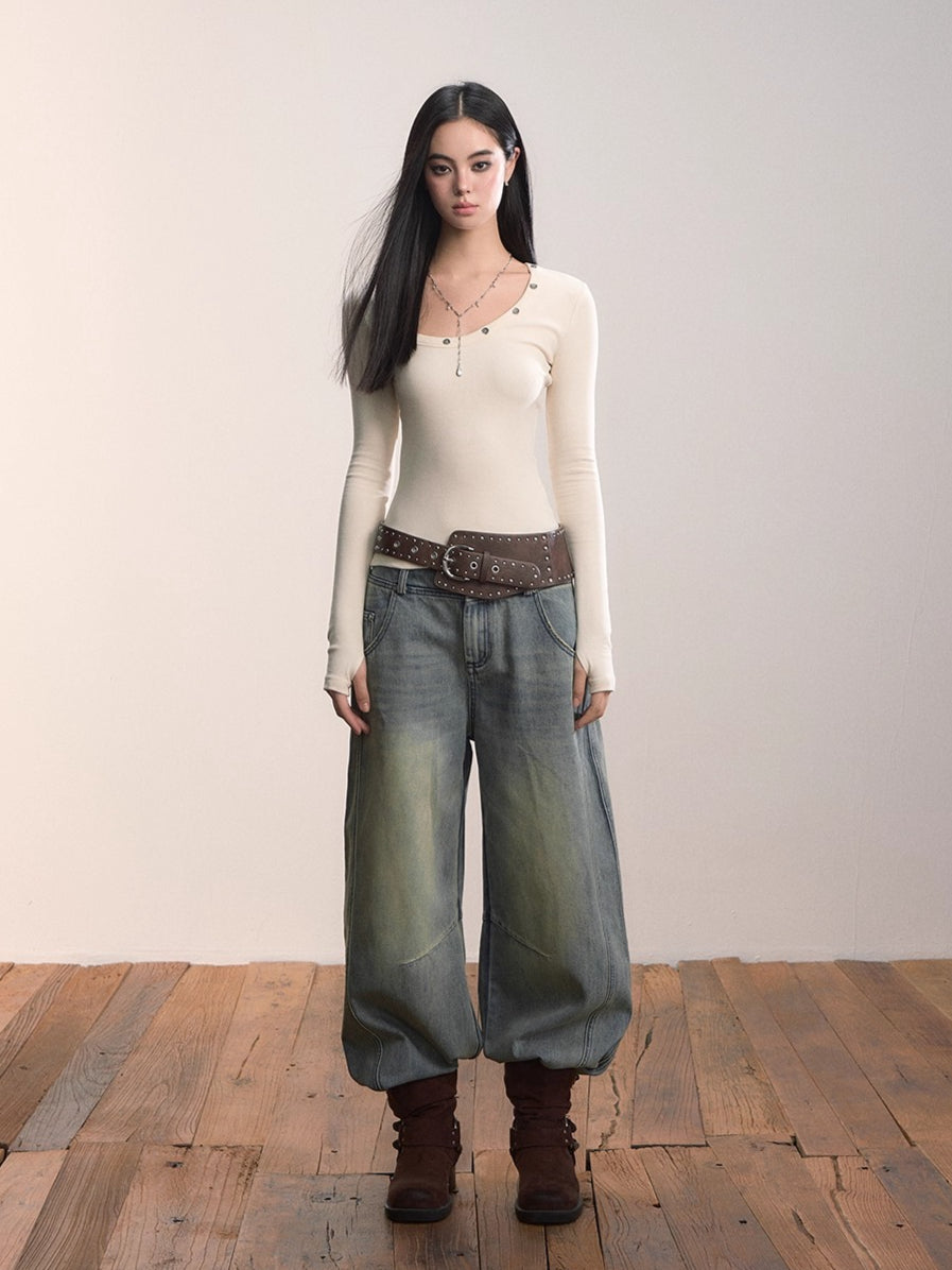 Studded Asymmetric U-Neck Knit T-Shirt