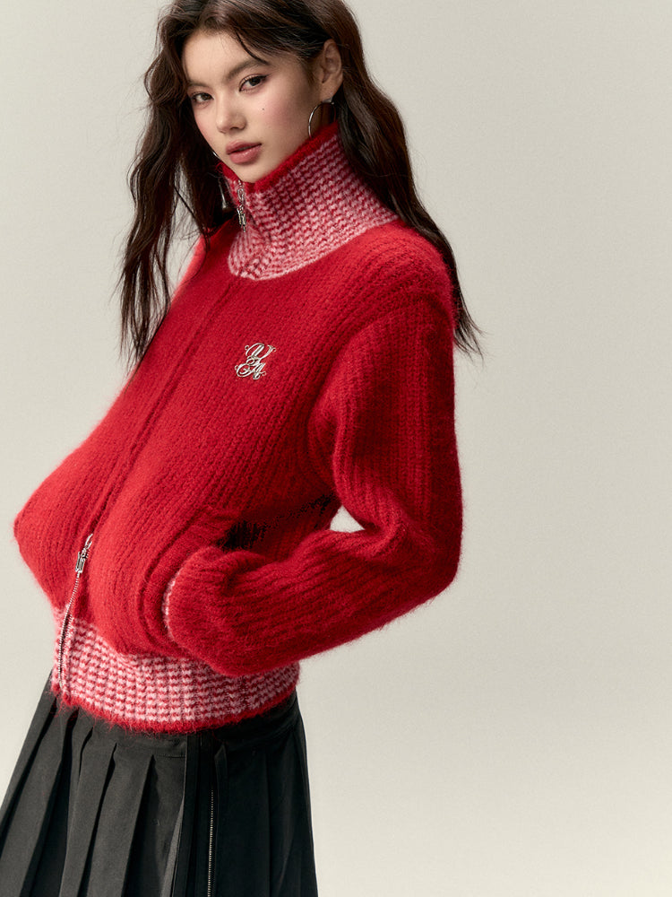 Color-Block High-Neck Knit Cardigan - CHINASQUAD