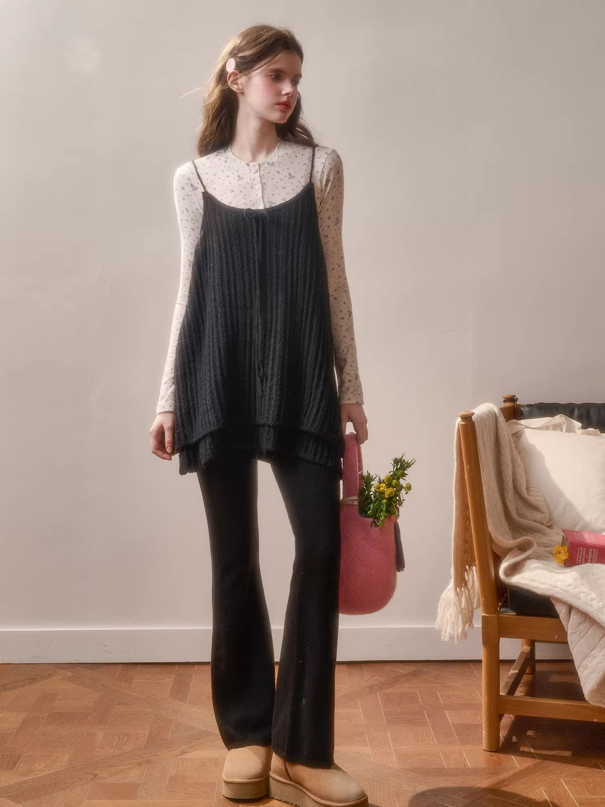 Wool-Blend Vintage Top & Ruffle Pants Set