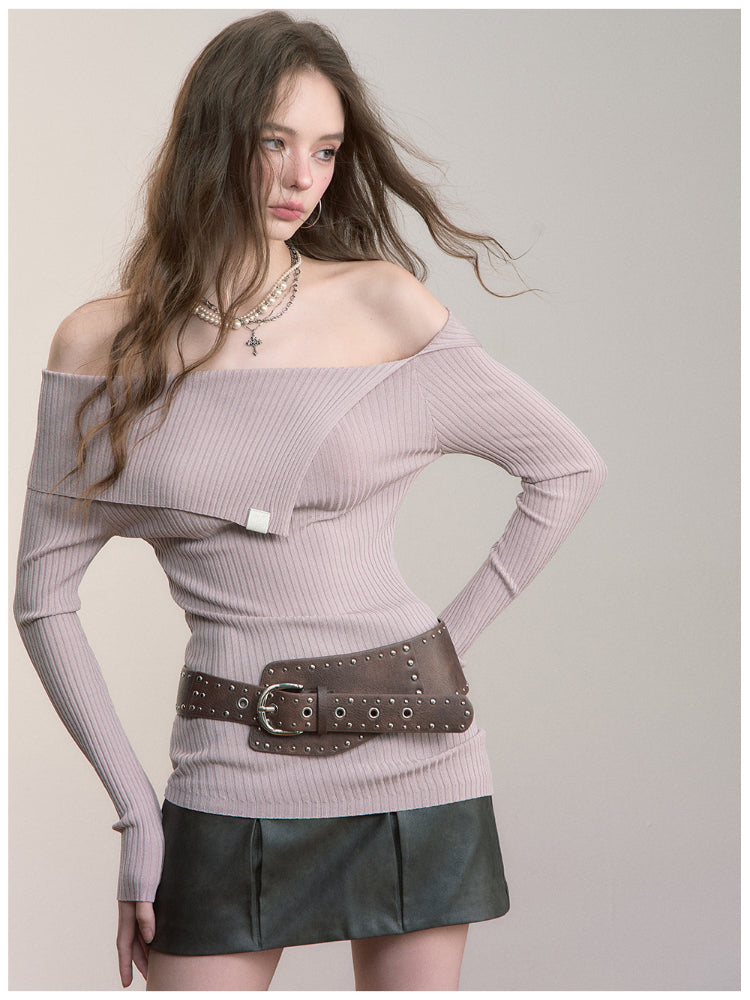 One-Shoulder Collared Knit Crewneck - CHINASQUAD