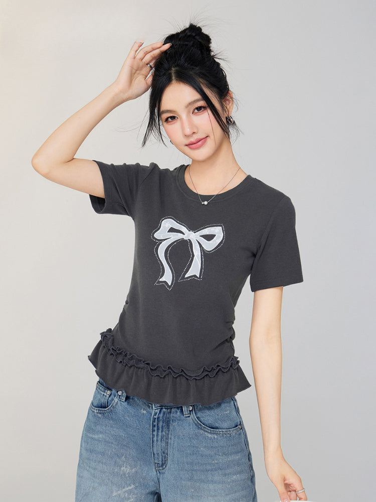 Ballet-style Bow-adorned Short sleeve Top - CHINASQUAD