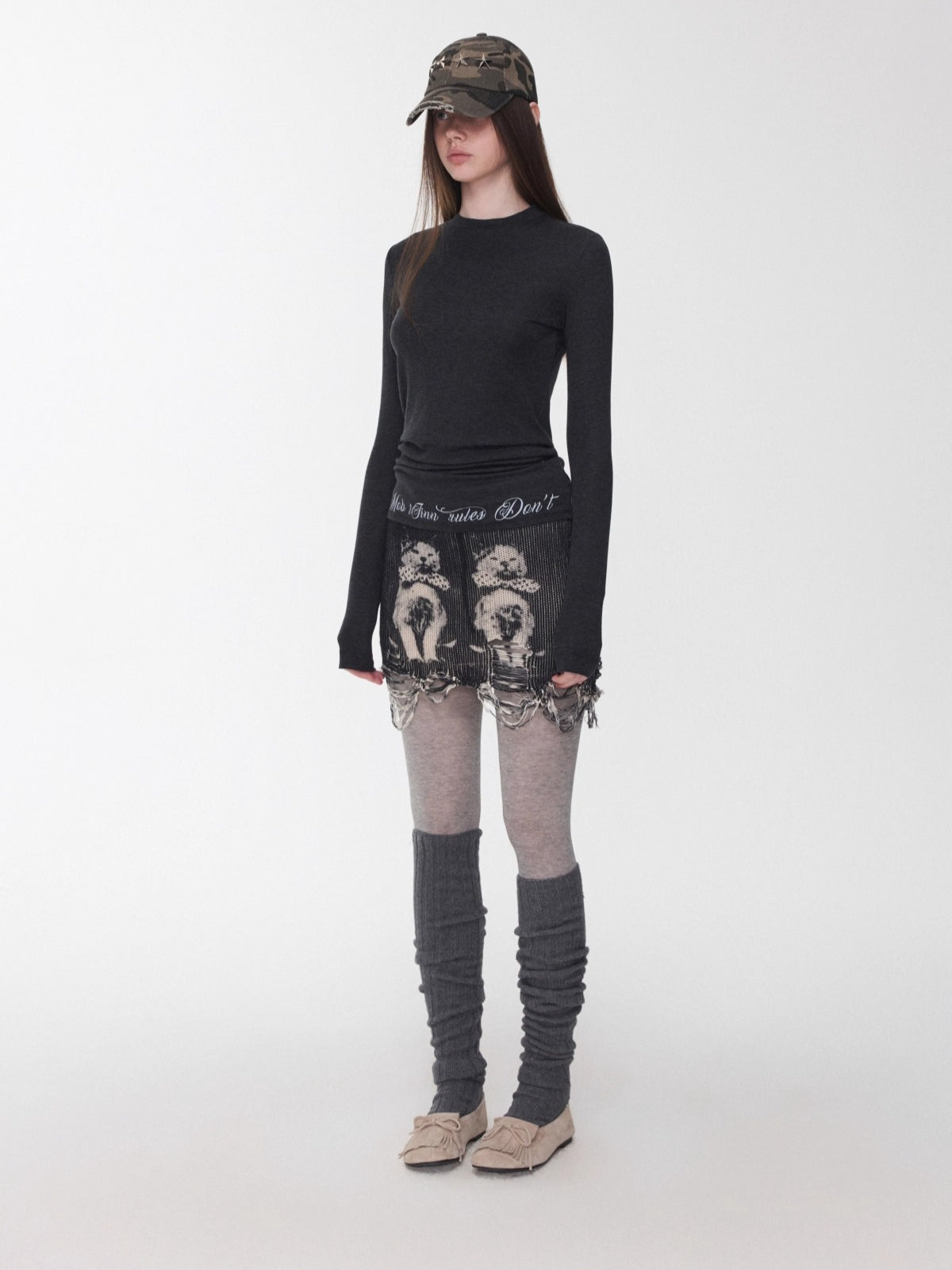 Cat Print Distressed Knit Mini Skirt