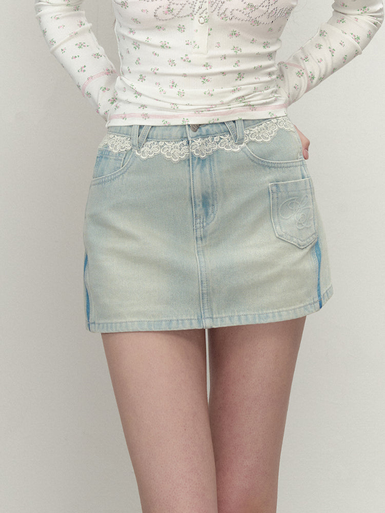 Light Blue Lace Panel Skirt - CHINASQUAD