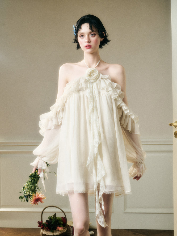 Halter Neck Off-Shoulder Ribbon Dress - CHINASQUAD