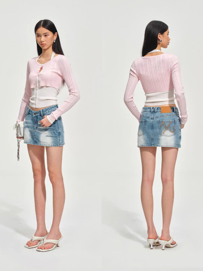 Faux Layered Slim-Fit Knit Cardigan