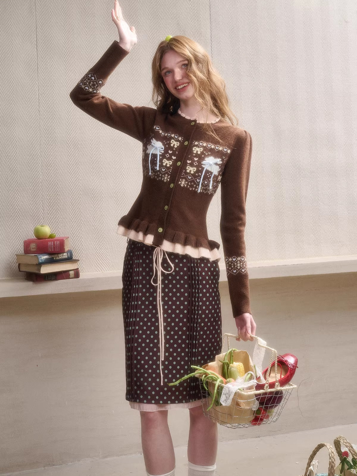 Fair Isle Knit Cardigan & Polka Dot Skirt Set