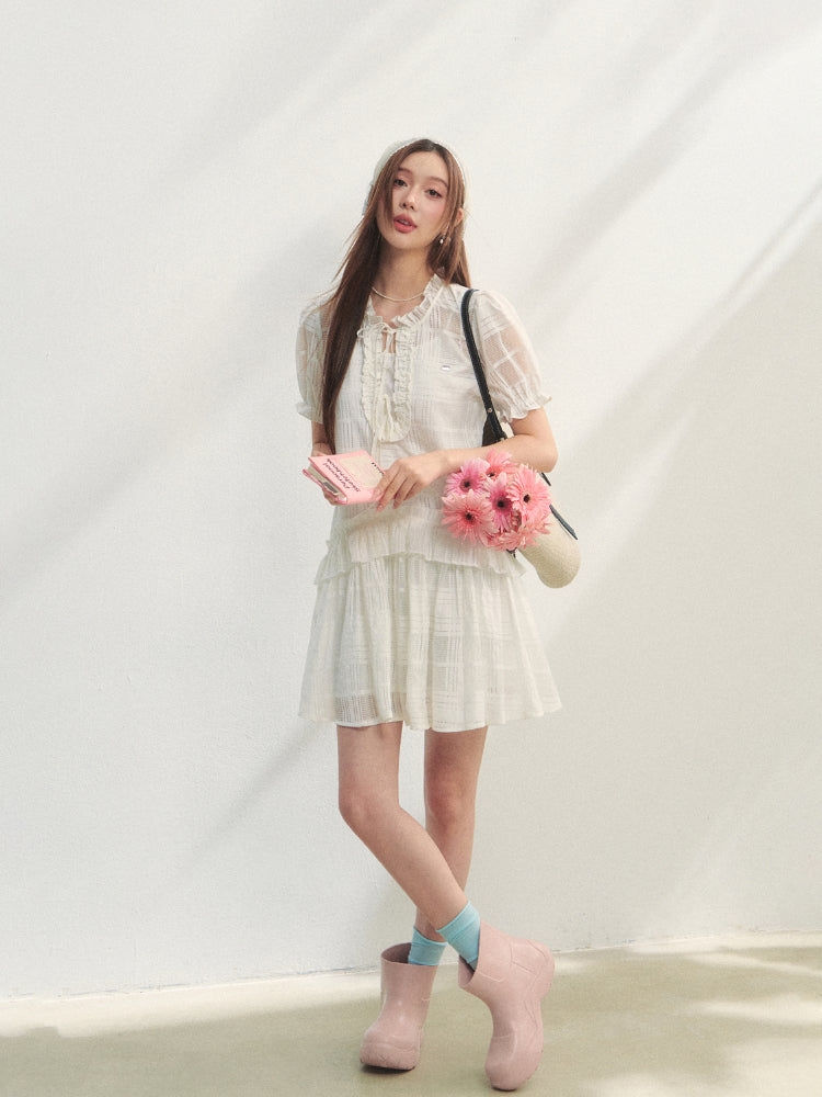 Checkered Hollow-Out Ruffled Dress Set - CHINASQUAD