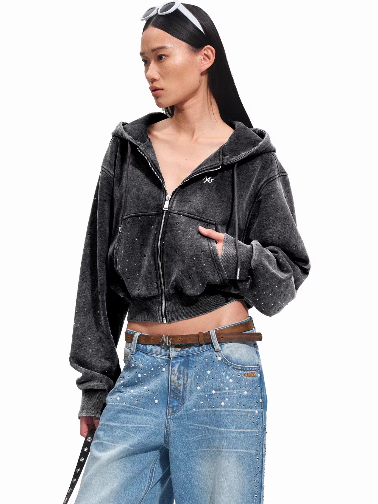 Embellished Washed Cotton Cropped Hoodie