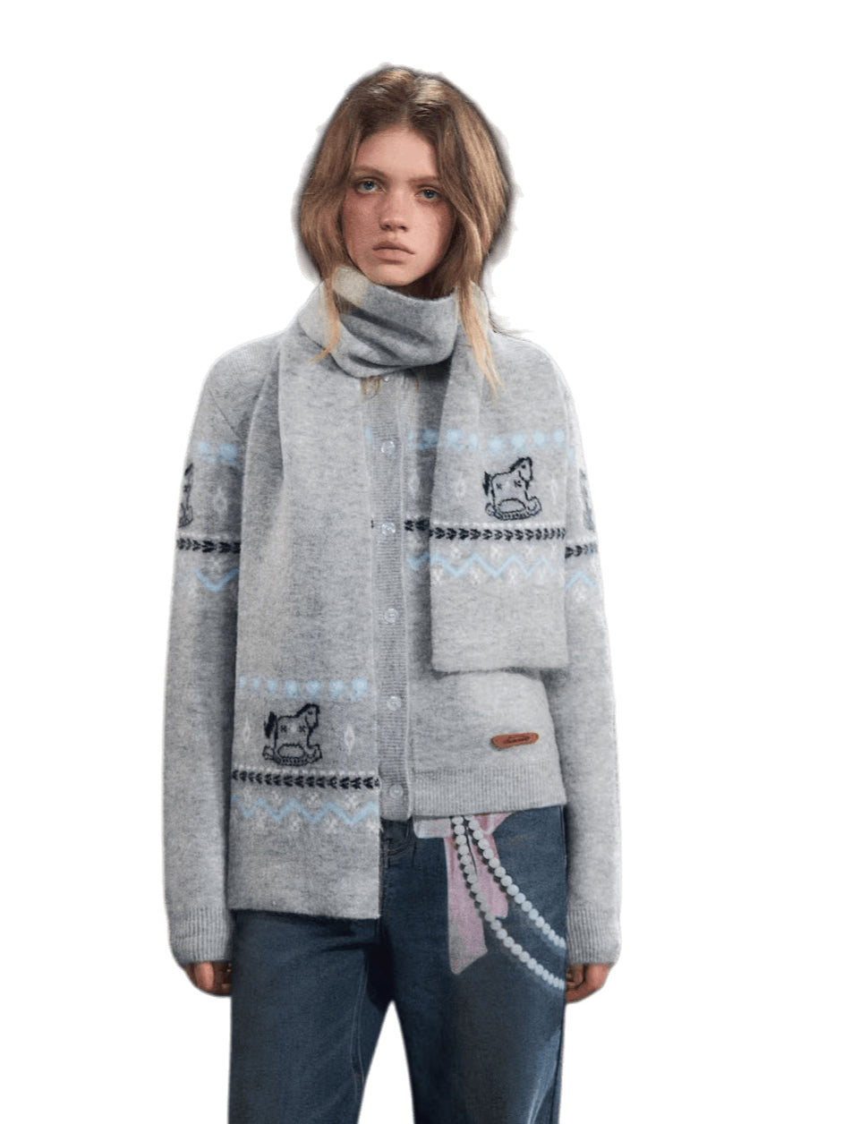 Fair Isle Scarf & Cardigan Two-Piece Set