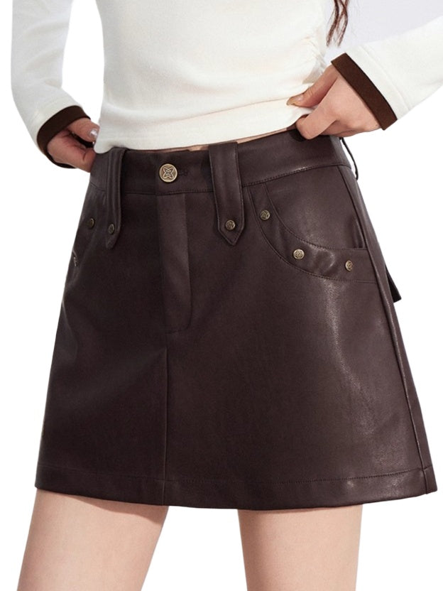 Studded A-Line Faux Leather Mini Skirt - CHINASQUAD