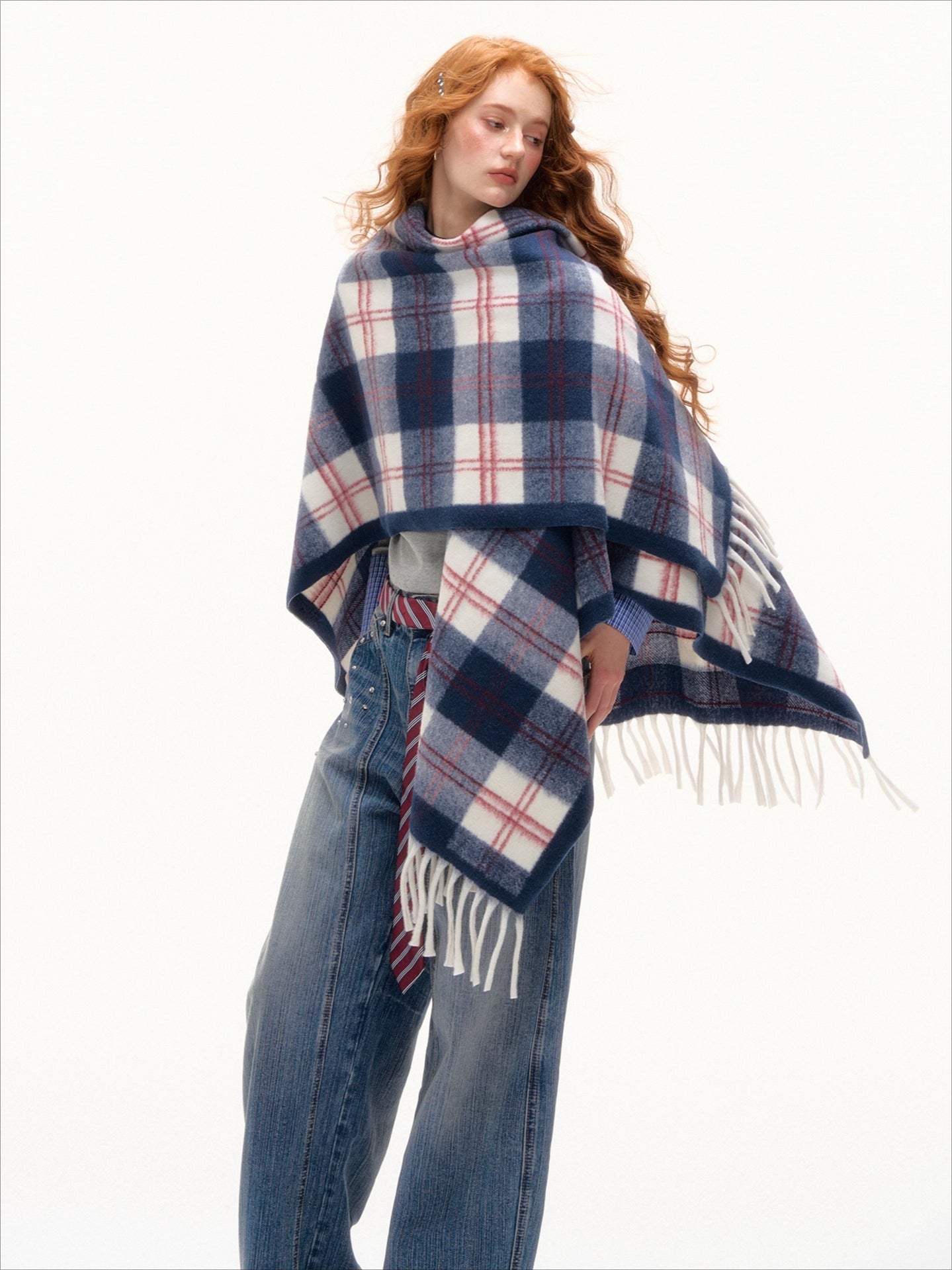 Color-Block Plaid Tassel Shawl Scarf - CHINASQUAD