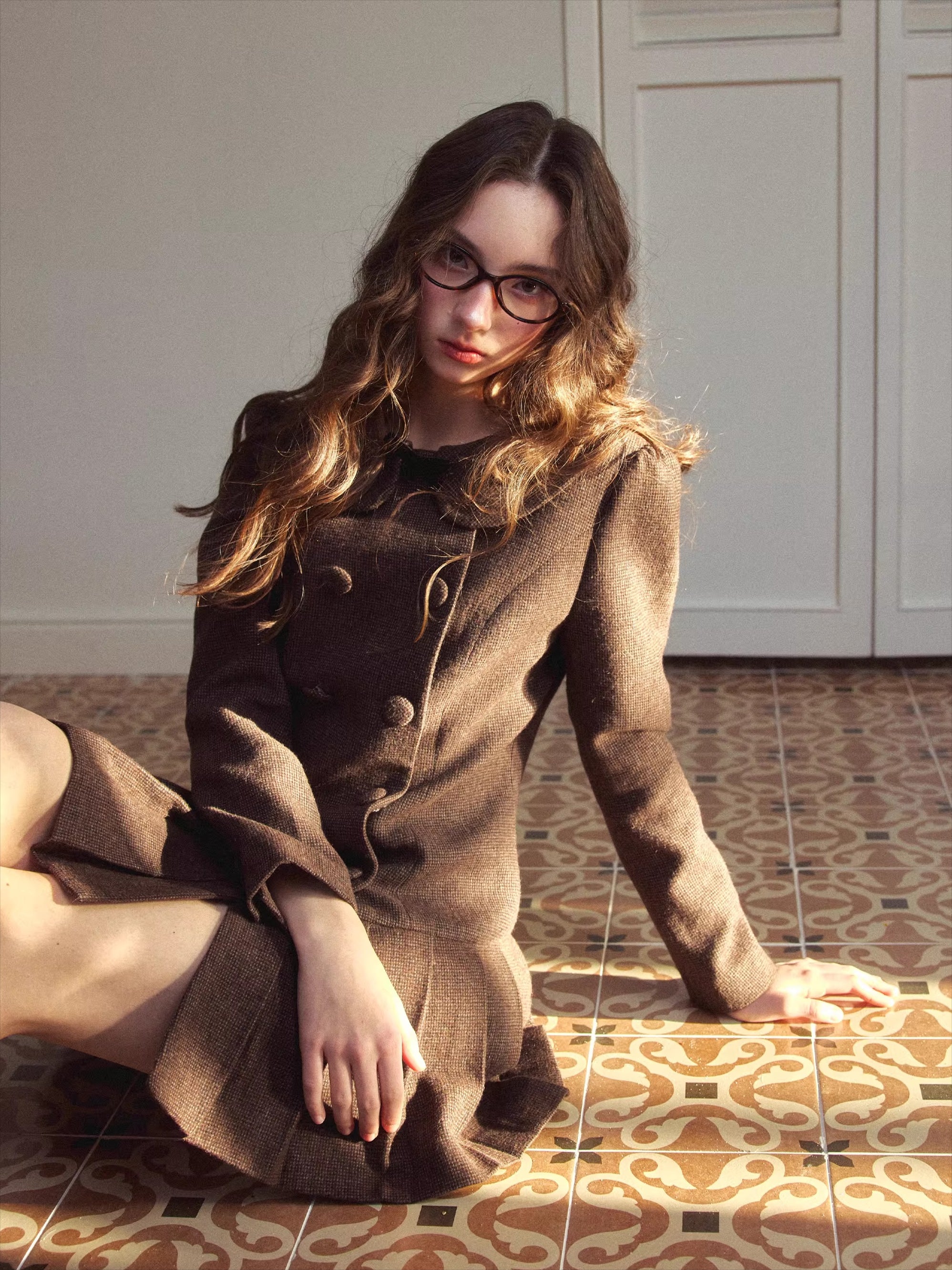 Vintage Preppy Doll-Collar Houndstooth Pleated Dress