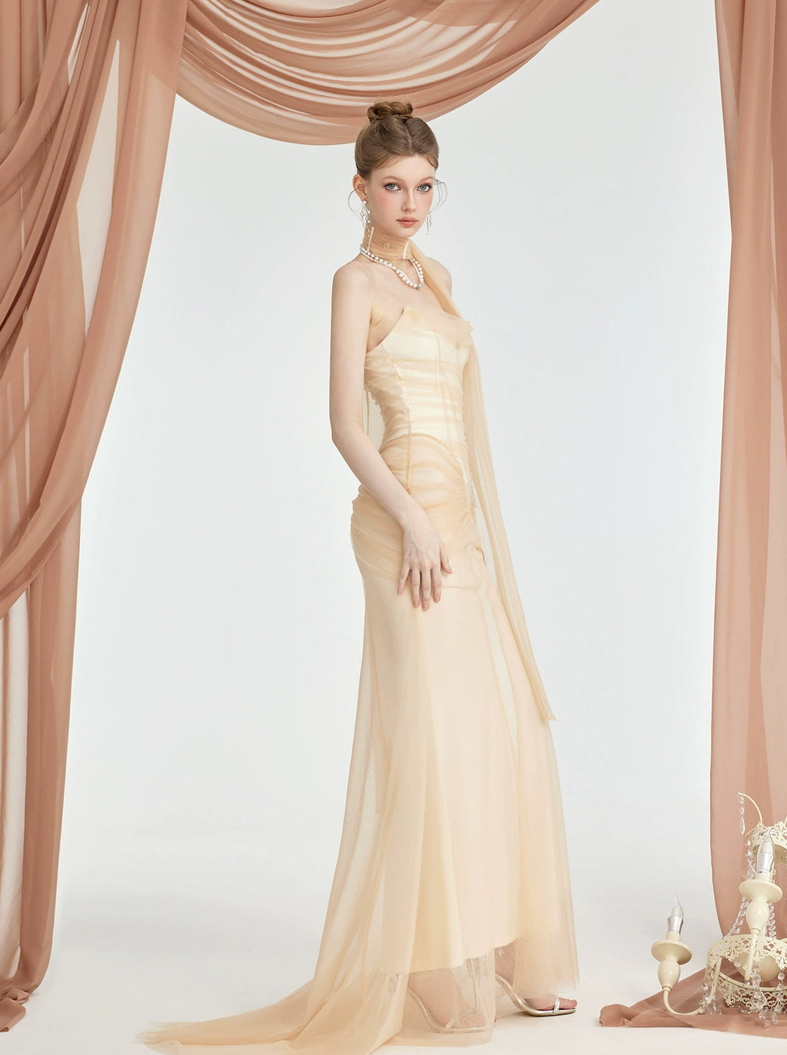 Black & Apricot Tulle Ruffled Slim-fit Strapless Dress - CHINASQUAD