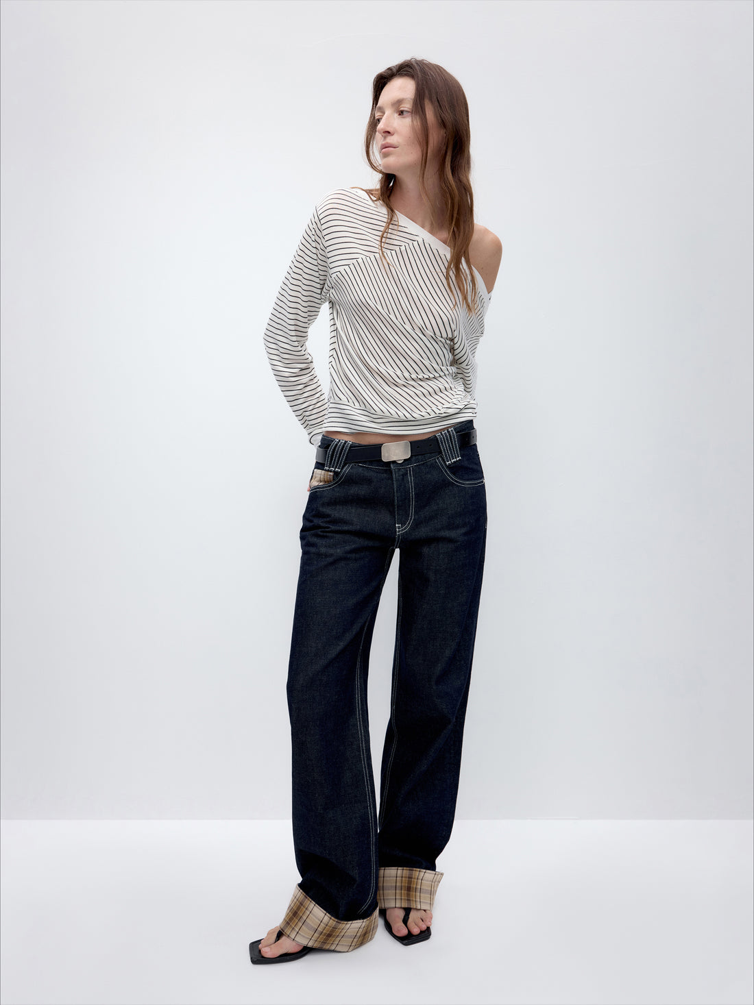 Blue Plaid Patchwork Straight-Leg Jeans - CHINASQUAD