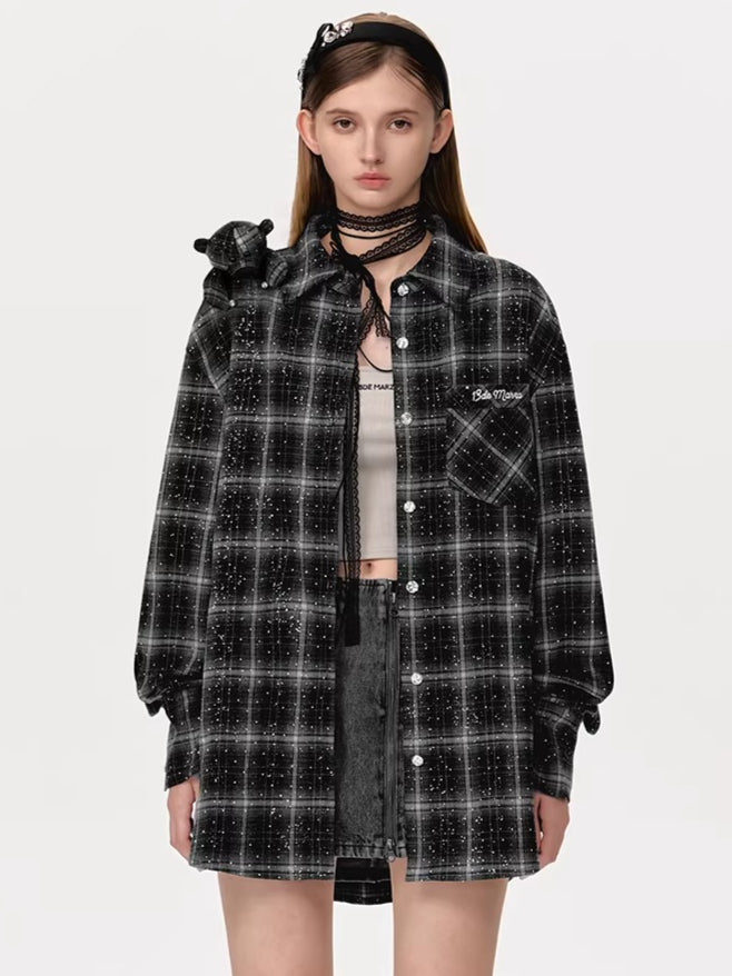Vintage Plaid Crystal Bear Mid-Length Shirt