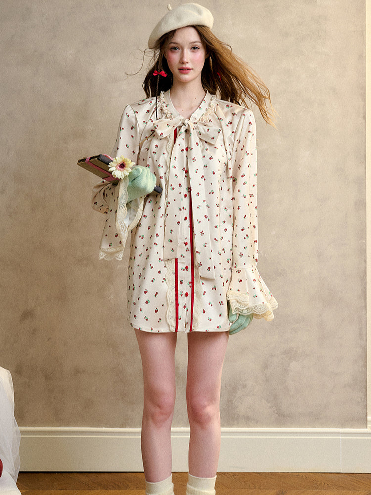 Berry Lace Print Shirt Dress - CHINASQUAD