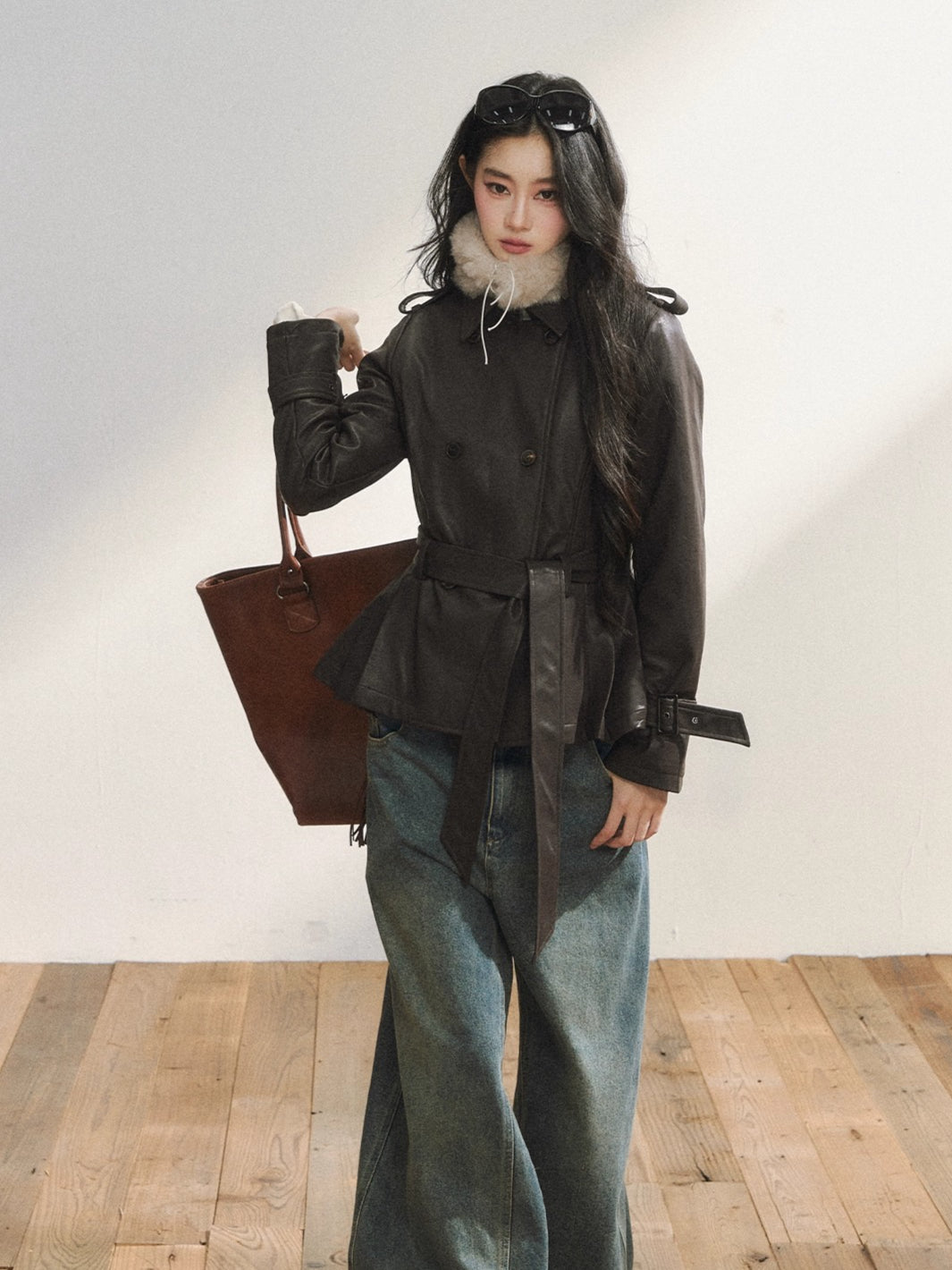 Vintage Brown Belted Faux Leather Wool Jacket