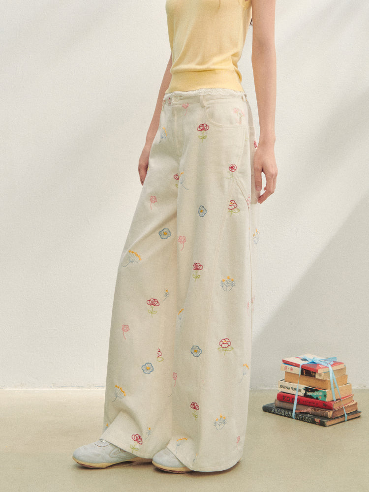 Floral Embroidered Casual Straight-leg Pants - CHINASQUAD