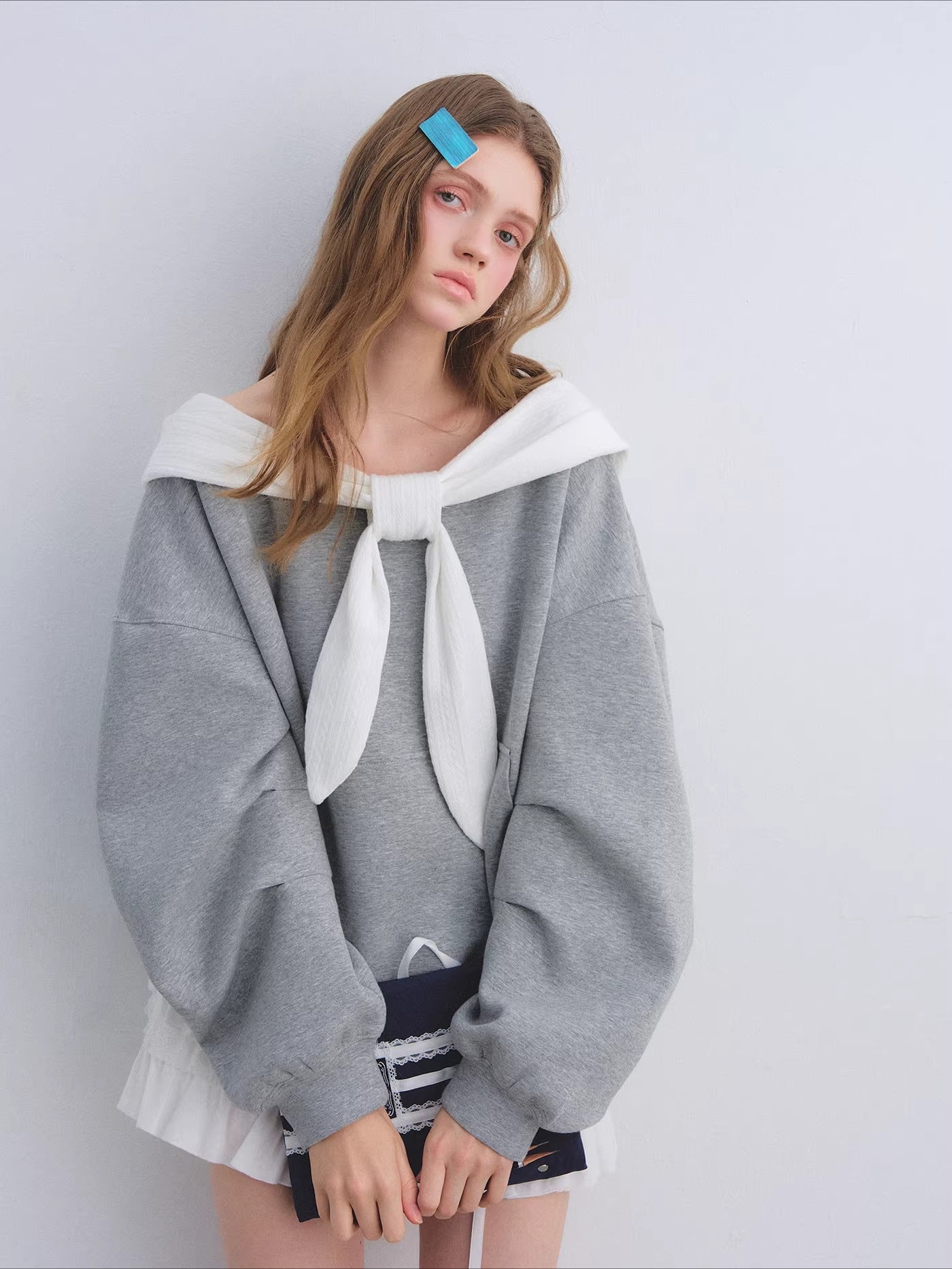 Rabbit-Ear Bow Off-Shoulder Hooded Sweatshirt
