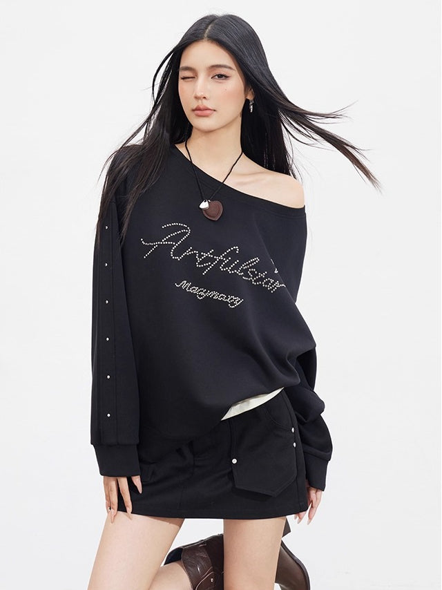 Studded Letter Off-Shoulder Sweatshirt