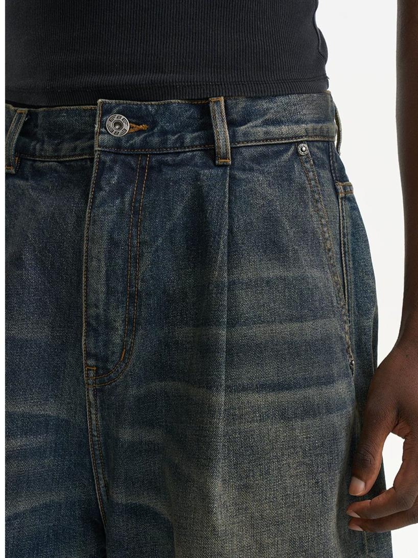 Vintage Pleated Wide-Leg Denim Jeans